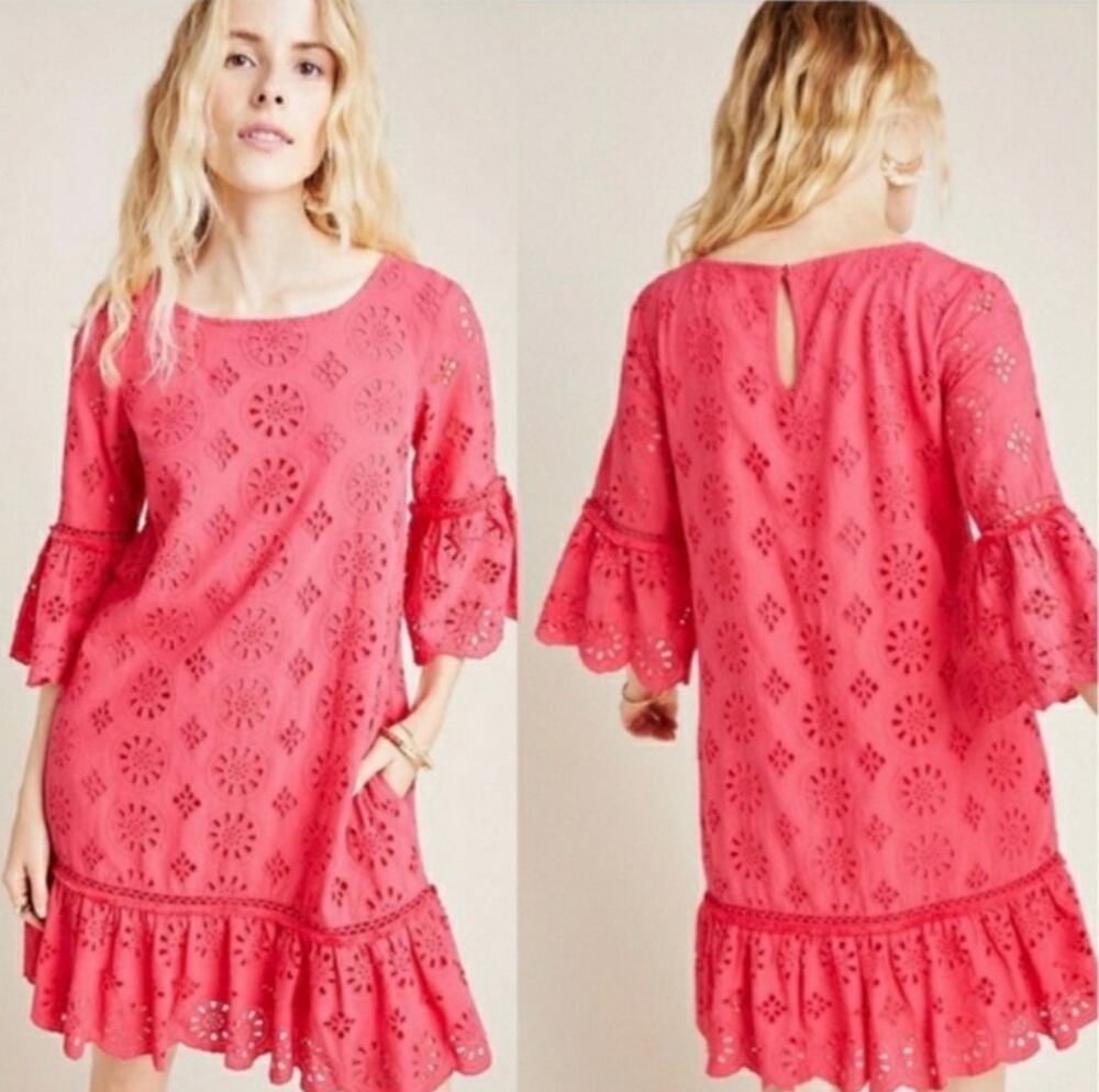 Anthropologie Dani Pink Eyelet Lace Ruffle Dress Size 10